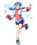  1girl :d bike_shorts blue_hair breasts commentary_request cropped_jacket eyelashes full_body green_eyes hat heart highres holding holding_poke_ball jacket kankitukou knees leg_up long_hair marina_(pokemon) open_clothes open_jacket open_mouth outstretched_arm poke_ball poke_ball_(basic) pokemon pokemon_(anime) pokemon_(classic_anime) shirt shoes smile solo standing standing_on_one_leg twintails v white_background 