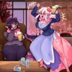  alcohol anthro artsy beer beverage big_tail blush bodily_fluids breasts bulge choker cleavage clothed clothing detailed_background dragon dress drunk duo feet female gynomorph_(lore) hair hi_res hoodie horn jewelry lilikoi_gumi lychee_gumi necklace ponytail sibling sister sisters substance_intoxication sweat sweatdrop tail toes topwear 