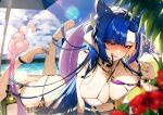  1girl absurdres beach bikini blue_hair blush breasts choker cloud cluseller commentary day dragon_girl dragon_horns dragon_tail english_commentary flower highres horns indie_virtual_youtuber large_breasts long_hair looking_at_viewer lying multiple_horns on_stomach open_mouth outdoors sand second-party_source solo sunglasses swimsuit tail teeth thigh_strap tongue very_long_hair vienna_(vtuber) vienna_(vtuber)_(3rd_costume) virtual_youtuber water 