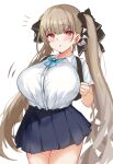  1girl aqua_neckerchief azur_lane blue_skirt breasts buttons emphasis_lines formidable_(azur_lane) frills hair_ribbon highres huge_breasts long_hair looking_at_viewer miniskirt neckerchief ossou_rocket red_eyes ribbon shirt shirt_tucked_in skirt solo tented_shirt twintails two-tone_ribbon very_long_hair white_shirt 