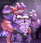  animatronic anthro beetleartz black_nose bonnie_(fnaf) bulge canid canine cigarette duo five_nights_at_freddy&#039;s fox foxy_(fnaf) fur hi_res humanoid lagomorph leporid long_ears machine male male/male mammal muscular muscular_male pecs purple_body rabbit red_body red_eyes red_fur robot scottgames smoke 
