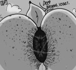  absurd_res anal_juice anal_juice_string anthro anus backsack balls bodily_fluids body_hair butt_hair dialogue genitals ghostfuckrr hi_res jesse_(ghostfuckrr) lagomorph leporid male mammal monochrome musk musk_clouds musky_butt pubes puffy_anus rabbit scut_tail short_tail solo sweat sweatdrop tail 