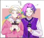  2boys blonde_hair blush character_name closed_mouth collared_shirt freckles green_eyes h4td4 holding holding_microphone kureha_aoi light_green_hair light_purple_hair long_sleeves looking_at_viewer male_focus microphone misuji_kantaro multicolored_eyes multicolored_hair multiple_boys one_eye_closed paradox_live pink_sweater purple_eyes purple_hair purple_sweater_vest shirt sweater sweater_vest teeth white_shirt 