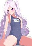  1girl absurdres blue_archive grey_hair hair_ornament hairpin highres hina_(blue_archive) hina_(swimsuit)_(blue_archive) long_hair looking_at_viewer nise_no_tsubo official_alternate_costume purple_eyes purple_hair school_swimsuit swimsuit thighs white_hair 