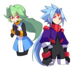  1boy 1girl blue_hair clenched_hands green_hair highres long_hair mega_man_(series) mega_man_zx pandora_(mega_man) prometheus_(mega_man) red_eyes short_hair simple_background white_background zu_mame 