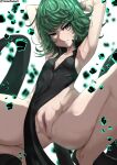  1girl absurdres anus armpits arms_behind_head arms_up artist_name aura black_dress blurry blurry_background breasts censored closed_mouth curly_hair debris dress flipped_hair floating floating_object glaring glowing green_eyes green_hair highres mosaic_censoring one-punch_man pelvic_curtain pussy short_hair side_slit sleeveless sleeveless_dress small_breasts solo spread_legs squatting tatsumaki tomodachi_(tomofanart) twitter_username white_background 