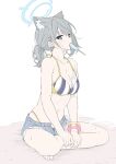  1girl animal_ear_fluff animal_ears bikini blue_archive blue_eyes bracelet breasts cleavage cross_hair_ornament denim denim_shorts earrings food full_body grey_hair hair_ornament halo highres indian_style jewelry large_breasts looking_at_viewer masabodo mouth_hold navel popsicle shiroko_(blue_archive) short_shorts shorts sitting solo striped striped_bikini swimsuit wolf_ears 