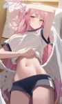  1girl absurdres angel_wings black_shorts blue_archive blush breasts cowboy_shot gym_shirt gym_shorts gym_uniform hair_bun halo highres leavv long_hair looking_at_viewer medium_breasts mika_(blue_archive) navel open_mouth pink_hair pink_halo shirt short_sleeves shorts single_side_bun solo white_shirt white_wings wings yellow_eyes 