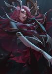  1girl air_bubble black_gloves black_sclera breasts bubble colored_sclera coven_nami dani_(dalianae) elbow_gloves from_below gloves highres league_of_legends long_hair looking_at_viewer looking_down medium_breasts monster_girl nami_(league_of_legends) parted_lips pink_hair red_eyes scylla smile solo teeth underwater white_gloves 