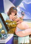  1girl absurdres ahoge anis_(nikke) anis_(sparkling_summer)_(nikke) ass beach beach_chair bikini blue_sky blush breasts brown_eyes brown_hair cameltoe can cloud cooler day eyepatch_bikini eyewear_on_head fieryonion goddess_of_victory:_nikke highres holding holding_can huge_breasts ice ice_cube looking_at_viewer lying on_side outdoors short_hair skindentation sky solo sunglasses swimsuit twisted_torso white_bikini 