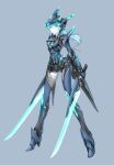  1girl armor blue_background blue_eyes blue_hair colored_skin dual_wielding fantasy full_body helmet high_heels highres holding holding_sword holding_weapon joints long_hair looking_at_viewer low_ponytail low_wings me_ganchyo mechanical_wings original robot_girl robot_joints solo standing sword valkyrie weapon white_skin wings 
