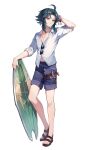  1boy absurdres alternate_costume bare_legs beads black_shorts eyewear_on_clothing genshin_impact glasses green_hair highres male_focus multicolored_hair navel open_clothes open_shirt shirt shoes shorts solo stomach surfboard ugwa white_shirt xiao_(genshin_impact) yellow_eyes 