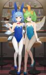  2girls animal_ears blue_eyes blue_footwear blue_hair blue_leotard blush bottle chair checkered_floor cirno commission cup daiyousei drink drinking_glass fairy fairy_wings fake_animal_ears fishnet_pantyhose fishnets green_eyes green_hair grin high_heels highres holding holding_tray ice ice_wings indoors kanpa_(campagne_9) leotard long_hair multiple_girls open_mouth pantyhose playboy_bunny rabbit_ears short_hair side_ponytail skeb_commission smile strapless strapless_leotard touhou tray white_pantyhose wings wrist_cuffs 