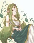  1girl bare_shoulders breasts dragon_girl dragon_horns fire_emblem fire_emblem_echoes:_shadows_of_valentia green_eyes green_hair highres horns large_breasts long_hair looking_at_viewer mila_(fire_emblem) nail_polish pointy_ears solo tea6043 
