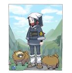  1girl 770mk akari_(pokemon) berry_(pokemon) bidoof black_hair black_shirt brown_footwear closed_mouth cloud commentary_request day grass grey_eyes head_scarf highres jacket logo loose_socks oran_berry outdoors pokemon pokemon_(creature) pokemon_(game) pokemon_legends:_arceus ponytail red_scarf sash scarf shirt shoes sidelocks skirt sky smile socks standing white_socks 