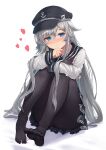  1girl absurdres anchor_symbol black_pantyhose blue_eyes blush flat_cap grey_hair hair_between_eyes hat heart hibiki_(kancolle) highres kantai_collection long_hair long_sleeves looking_at_viewer neckerchief o-sirius pantyhose pleated_skirt sailor_collar school_uniform serafuku shadow sitting skirt smile solo white_background white_hair 