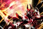  armor blank_eyes fighting_stance full_moon garo_(series) garo_fang_of_god_(series) holding holding_sword holding_weapon horns kirara-345 moon red_theme roze_(garo) sparks sword tokusatsu upper_body weapon 