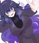  1girl :d @_@ ahoge alternate_breast_size black_hair black_sweater breasts commentary dress eyelashes grey_eyes hair_between_eyes hairband heart hex_maniac_(pokemon) highres large_breasts long_hair long_sleeves looking_at_viewer ochacolle open_mouth pokemon pokemon_(game) pokemon_xy purple_hairband raised_eyebrows sidelocks smile solo sweater sweater_under_dress white_background 