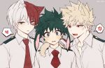  3boys anger_vein animal_ears bakugou_katsuki blonde_hair blush boku_no_hero_academia cat_boy cat_ears coi_mha collared_shirt fangs freckles green_eyes green_hair grey_background heart looking_at_viewer male_focus midoriya_izuku multicolored_hair multiple_boys necktie open_mouth rabbit_boy rabbit_ears red_eyes red_hair red_necktie shirt short_hair short_necktie simple_background split-color_hair spoken_anger_vein spoken_heart teeth todoroki_shouto upper_body upper_teeth_only white_hair white_shirt 