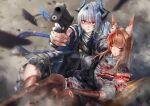  2girls absurdres aiming aiming_at_viewer animal_ear_fluff animal_ears arknights black_bra black_sweater blood blood_from_mouth blood_on_clothes blood_on_face blue_jacket bra breasts brown_gloves brown_hair brown_thighhighs carrying carrying_person clenched_teeth closed_eyes collared_shirt debris deep_wound dragon_girl dragon_horns dragon_tail elbow_gloves electricity fox_ears fox_girl fox_tail franka_(arknights) gloves grey_hair grey_shirt gun guro highres holding holding_gun holding_weapon horns injury jacket kuromu large_breasts liskarm_(arknights) long_hair long_sleeves miniskirt multiple_girls open_clothes open_jacket outdoors parted_lips ponytail red_eyes shirt short_sleeves skirt smoke sweater tail teeth thighhighs torn_bra torn_clothes torn_shirt unconscious underwear weapon wide-eyed zettai_ryouiki 