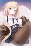 1girl black_pantyhose blonde_hair blue_eyes blush breasts earrings hair_ornament hairclip heart heart_earrings highres hololive hololive_english jewelry kokkoasa large_breasts looking_at_viewer lying on_back one_side_up pantyhose shirt short_hair skirt smile solo virtual_youtuber watson_amelia white_shirt 