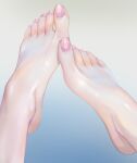  1girl barefoot blue_background feet feet_only foot_focus gradient_background grey_background highres nail_polish nekobell original pink_nails shiny_skin solo toenail_polish toenails toes 