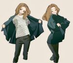 1girl black_coat black_pants brown_eyes brown_hair coat commentary cropped_legs forehead highres holding holding_clothes jacket kimura_731 long_hair long_sleeves looking_at_viewer open_clothes open_jacket opened_by_self original pants puffy_long_sleeves puffy_sleeves shirt simple_background smile smug solo striped striped_shirt symbol-only_commentary white_background white_shirt 