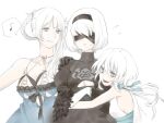  2b_(nier:automata) 3girls black_blindfold black_hairband blindfold blue_eyes bow breasts choker closed_mouth clothing_cutout dress gloves hair_ornament hairband kaine_(nier) long_hair mole mole_under_mouth multiple_girls nier nier:automata nier_(series) open_mouth puffy_sleeves saltysnow74 short_hair simple_background smile white_background white_dress white_hair yonah 