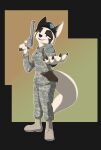  anthro black_claws blue_eyes boots camo camo_clothing camo_print canid canine clawed_fingers claws clothing disney facial_markings female footwear fox gun head_markings hi_res holding_object holster looking_at_viewer mammal markings nitsua_sensei pattern_clothing ranged_weapon scarlett_(yitexity) smile solo straps weapon zootopia 