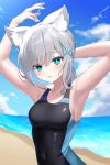  1girl absurdres adjusting_hair animal_ears aoitsuki arm_behind_head armpits arms_up beach blue_archive blue_eyes blue_one-piece_swimsuit blue_sky breasts cloud cloudy_sky commentary competition_swimsuit cross_hair_ornament day extra_ears grey_hair hair_ornament halo highres horizon looking_at_viewer medium_breasts medium_hair mismatched_pupils ocean one-piece_swimsuit open_mouth original outdoors shiroko_(blue_archive) sky solo swimsuit upper_body wolf_ears 