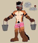  2023 anthro bactover blindfold boxer_briefs bucket canid canine clothing collar container dialogue english_text hi_res male mammal maned_wolf nipples plantigrade pubes simple_background solo speech_bubble spiked_collar spikes standing text underwear 