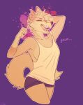  absurd_res anthro black_nose bottomwear breasts canid canine captyns clothed clothing digital_media_(artwork) female fur hi_res hotpants mammal no_bra_under_clothes open_mouth paint_splatter restricted_palette shirt shorts side_boob simple_background solo tank_top topwear yawn 