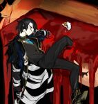  1boy bandaged_arm bandaged_head bandages black_coat black_footwear black_gloves black_pants black_vest blood bloodbath_(project_moon) closed_mouth coat e.g.o_(project_moon) employee_(lobotomy_corporation) gloves holding holding_smoking_pipe lobotomy_corporation looking_to_the_side nishikujic pants pool_of_blood project_moon red_eyes shoes smoking_pipe solo vest 