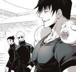  3boys bara from_side fushiguro_touji getou_suguru gojou_satoru greyscale jacket jujutsu_kaisen large_pectorals looking_at_another looking_at_pectorals male_focus meme monochrome multiple_boys muscular muscular_male nejmai2 pectoral_envy_(meme) pectoral_focus pectorals shirt smile teeth 