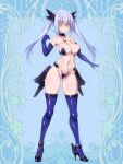  1girl abstract_background armor ass_visible_through_thighs bikini_armor blue_hair blue_theme breasts cameltoe character_request choker cocytus_(wind_master) commentary_request dairoku_ryouhei elbow_gloves gloves groin hair_ornament high_heels large_breasts latex latex_gloves latex_thighhighs light_blue_hair long_hair maebari mecha_musume mechanical_parts navel pasties revealing_clothes shiny_skin smile solo standing thighhighs twintails yellow_eyes 