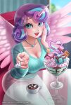  1girl artist_name blue_eyes blue_hair blue_shirt breasts cleavage coffee_cup cup disposable_cup feathered_wings flurry_heart food glass_table highres holding holding_spoon horns ice_cream indoors jewelry large_breasts medium_hair multicolored_hair my_little_pony my_little_pony:_friendship_is_magic necklace open_mouth pants patreon_username personification purple_hair racoon-kun shirt single_horn sitting solo spoon table teeth two-tone_hair upper_teeth_only valentine watermark web_address white_pants wings 