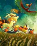 arcanine cloud commentary english_commentary flareon highres ho-oh john_ramsey night night_sky no_humans outdoors pokemon pokemon_(creature) ponyta quilava sky tepig wheat_field 