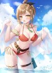  1girl :d arm_strap atelier_(series) atelier_ryza atelier_ryza_1 belt belt_buckle bikini bird black_hairband blue_sky bow_hairband breasts brown_belt brown_eyes brown_hair buckle cloud collarbone commentary_request day green_ribbon hair_ornament hairband hairclip highres holding holster kohinata_hoshimi large_breasts leaning_forward looking_at_viewer navel neck_ribbon o-ring o-ring_bikini ocean official_art outdoors partially_submerged red_bikini reisalin_stout ribbon short_hair sky smile solo swimsuit thigh_holster thigh_strap wading white_bird 