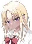  1girl blonde_hair bow bowtie closed_mouth dot_mouth dot_nose ear_piercing highres kashisu light_blush long_hair looking_at_viewer magia_record:_mahou_shoujo_madoka_magica_gaiden mahou_shoujo_madoka_magica parted_bangs piercing portrait purple_eyes red_bow red_bowtie sakae_general_school_uniform school_uniform shirt simple_background solo white_background white_shirt wing_collar yukino_kanae 