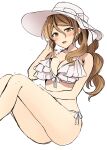  1girl absurdres bikini breasts brown_eyes brown_hair cleavage frilled_bikini frills hat highres kantai_collection large_breasts littorio_(kancolle) long_hair ponytail side-tie_bikini_bottom simple_background sitting solo sun_hat swimsuit wavy_hair white_background white_bikini white_headwear yunamaro 