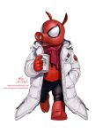  1boy artist_name coat coffee_cup cup disposable_cup english_text hand_in_pocket holding holding_cup in-hyuk_lee marvel open_clothes open_coat open_mouth signature simple_background spider-ham spider-man_(series) starbucks teeth web_address white_background white_coat 