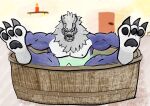  absurd_res animal_genitalia animal_penis anthro banchowollviehmon bandai_namco bathing bathtub blue_body blue_eyes blue_fur candle canid canine canine_genitalia canine_penis digimon digimon_(species) feet front_view fur genitals green_water hi_res hindpaw inviting_to_sex male mammal metal_mask muscular muscular_anthro muscular_arms muscular_legs muscular_male paws penis penis_peeking_out_of_water simple_background teyl&#039;nir_(artist) were werecanid werecanine werewolf white_body white_fur 