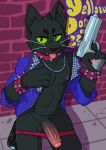  absurd_res anthro artbyyellowdog balls black_body black_fur clothed clothing collar domestic_cat felid feline felis foreskin fur genitals green_eyes gun hi_res jacket male mammal partially_clothed penis ranged_weapon solo solo_focus tongue tongue_out topwear underwear weapon 