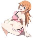  1girl ass bikini blue_eyes breasts butt_crack charlotte_e._yeager cleavage cowboy_shot frilled_bikini frills large_breasts long_hair looking_at_viewer nanashino orange_hair pink_bikini simple_background sitting solo strap_slip strike_witches swimsuit white_background world_witches_series 