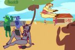  3:2 anthro ball big_breasts bikini book breasts clothing female fluffy flying hi_res magic magic_user male nokamiwd oleander_(tfh) one-piece_swimsuit paprika_paca_(tfh) slightly_chubby swimming_trunks swimwear them&#039;s_fightin&#039;_herds thick_thighs volleyball_(ball) wounded 