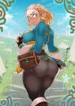  1girl ass ass_focus bag belt black_gloves black_pantyhose blonde_hair blue_eyes blue_tunic blush boots braid breasts commentary_request crown_braid curvy day fingerless_gloves forehead from_behind gloves highres knee_boots koda1ra large_breasts looking_back nose_blush outdoors pantyhose pointy_ears princess_zelda sash satchel sheikah_slate short_hair solo sweatdrop the_legend_of_zelda the_legend_of_zelda:_tears_of_the_kingdom thick_thighs thighs trembling viewfinder walking 
