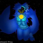  3_toes 4_fingers anthro big_breasts blue_body blue_fur blue_hair bottomless breasts claws clothed clothing cosmic_background evil_face evil_grin feet female fingers floating fluffy fluffy_hair fluffy_tail fur glowing hair hi_res holding_object hoodie hoodie_only inner_ear_fluff long_hair long_tail machine macro macro_female macro_focus mammal pawpads paws protogen protogen_visor raised_tail smile sokoyo_owo solo space space_background star starry_(sokoyo_owo) sun tail thick_thighs toes topwear topwear_only tuft 