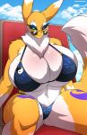  &lt;3 anthro bandai_namco big_breasts black_claws black_sclera blue_eyes blush body_blush breast_blush breasts canid canine chest_tuft claws cleavage clothed clothing digimon digimon_(species) eyewear female fingers fox fur glasses hi_res huge_breasts mammal multicolored_body multicolored_fur renamon sagestrike2_(artist) solo sunglasses swimwear text thick_thighs tuft two_tone_body two_tone_fur url white_body white_fur yellow_body yellow_fur 
