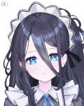  1girl absurdly_long_hair ahneato apron aris_(blue_archive) aris_(maid)_(blue_archive) black_hair blue_archive blue_bow blue_bowtie blue_eyes bow bowtie commentary_request hair_between_eyes halo highres long_bangs long_hair looking_at_viewer maid maid_apron maid_headdress official_alternate_costume short_sleeves sidelocks simple_background smile solo very_long_hair white_background 