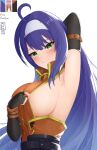  1girl ahoge arm_behind_head arm_up armpits bare_shoulders blue_hair blush breasts closed_mouth clothes_pull copyright_name dated fire_emblem fire_emblem:_radiant_dawn gloves green_eyes hairband headband highres large_breasts long_hair mia_(fire_emblem) presenting_armpit ryuusaki_rei shirt shirt_pull sideboob simple_background sleeveless sleeveless_shirt smile solo upper_body white_background white_hairband 